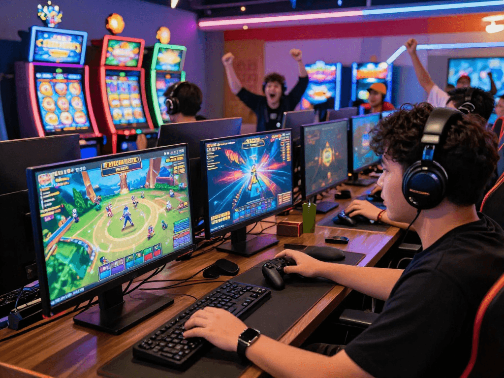 Exciting Raja328 link gaming scene with vibrant slot machines and engaging players in a lively atmosphere.