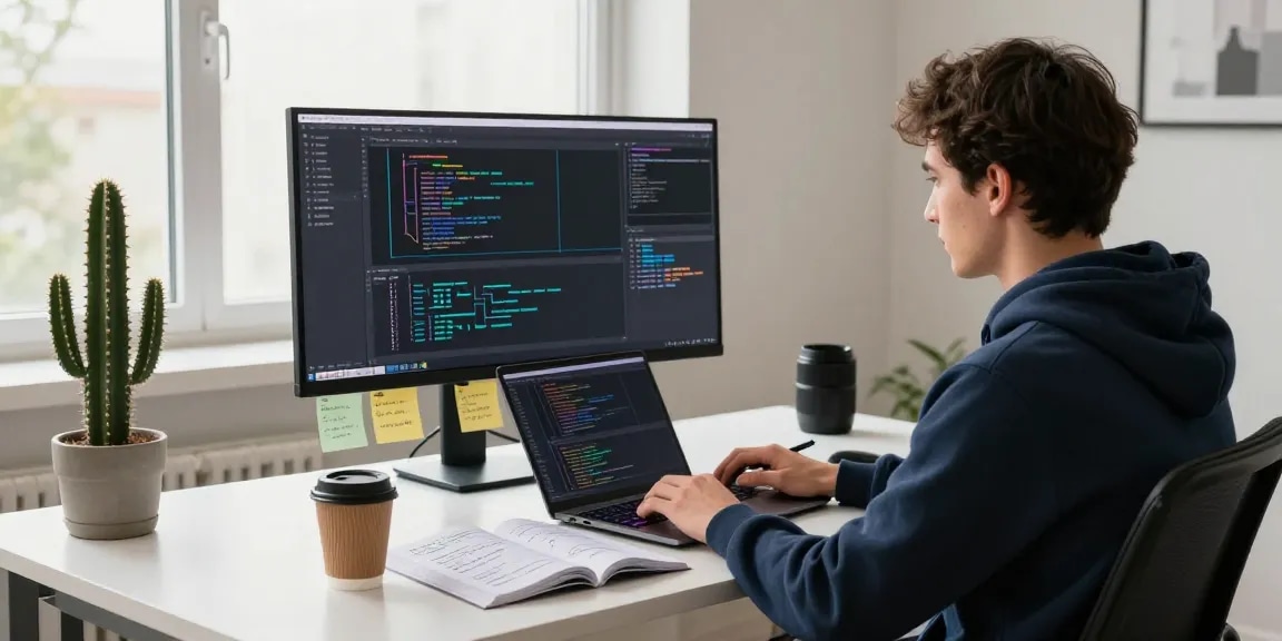 Programmer utilizing an openclaw skill in a modern workspace with dual monitors and a laptop.
