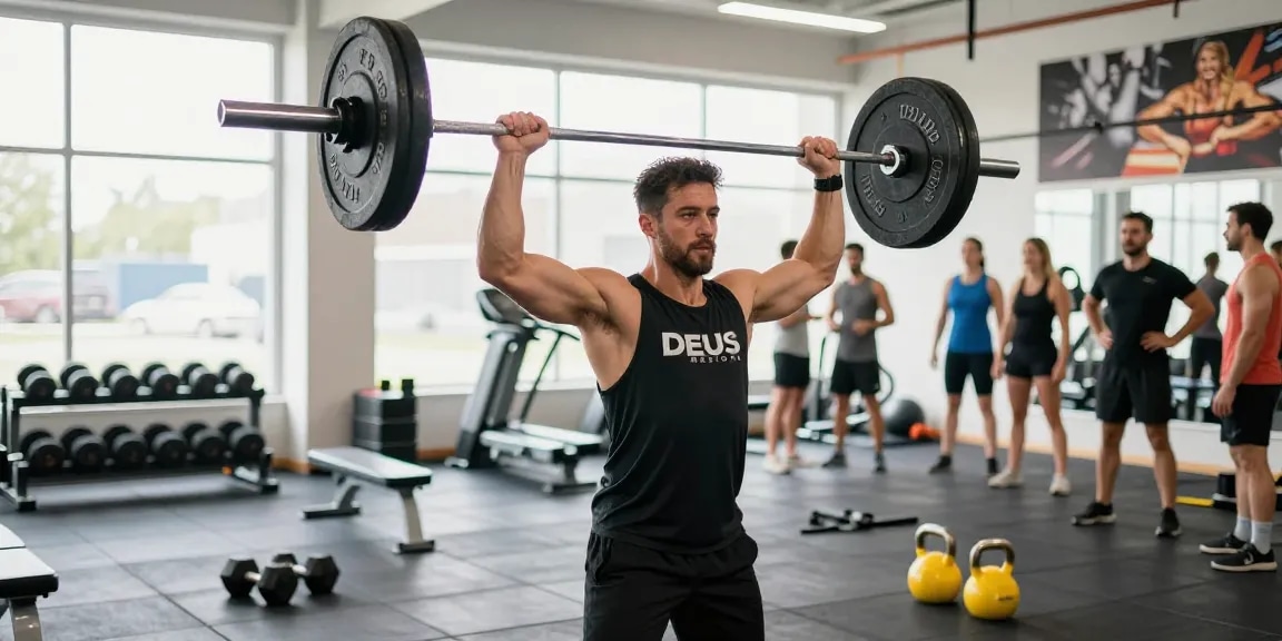 Active workout at Deus Medical Shop with athletes showcasing strength and motivation in a modern gym environment.