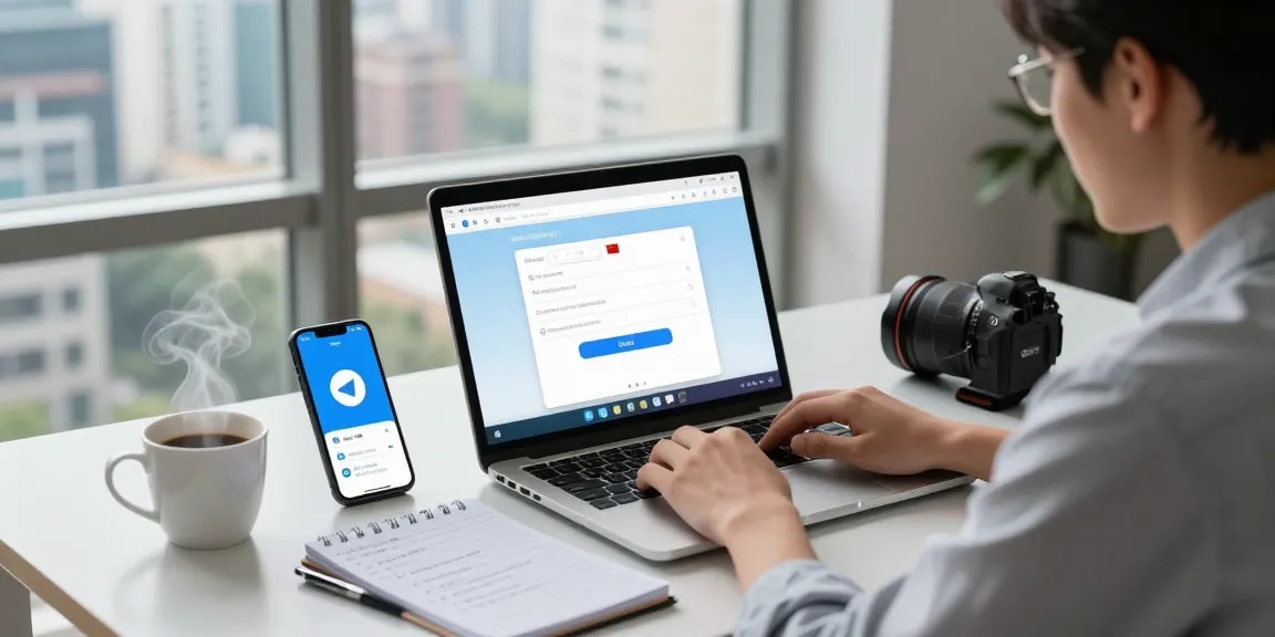 How to navigate the Telegram China registration guide at a modern workspace with VPN tools and urban skyline.