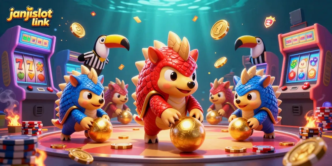 Engage with the thrilling janjislot link experience featuring rival pangolins in a dynamic casino-themed battle.