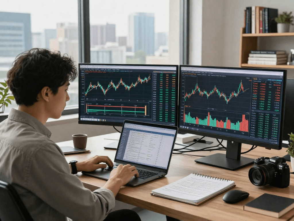 Analyst reviewing German stock historical Kline API data on multiple monitors in a professional workspace.