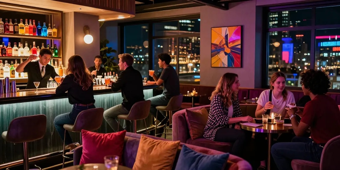 NSFW nightlife scene with friends enjoying drinks in a vibrant lounge setting.