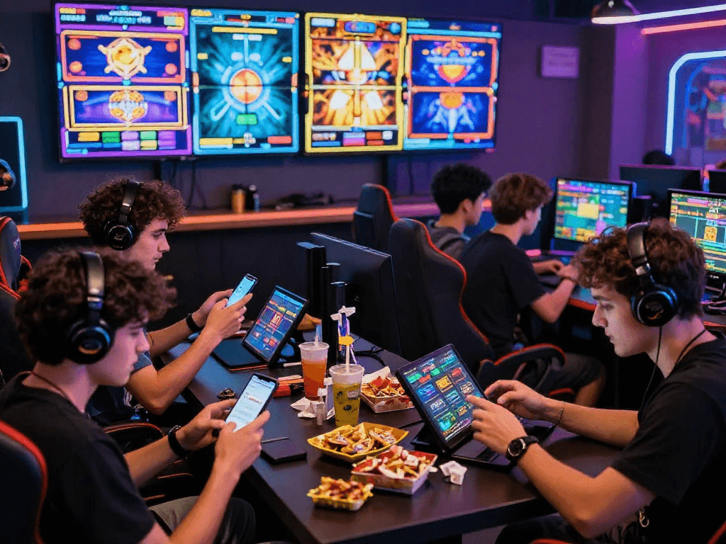 Players engaged in login togel at a vibrant online gaming cafe, immersed in exciting slot games.