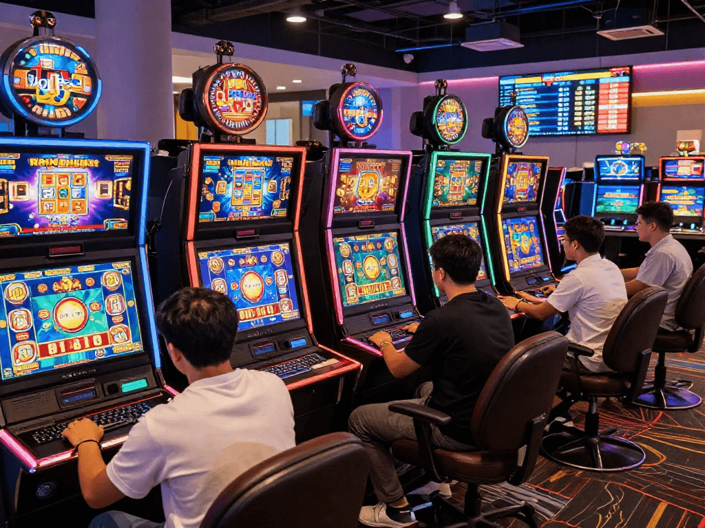 Diverse players enjoying bandars slot gacor games with vibrant graphics and exciting bonuses in a lively online casino atmosphere.