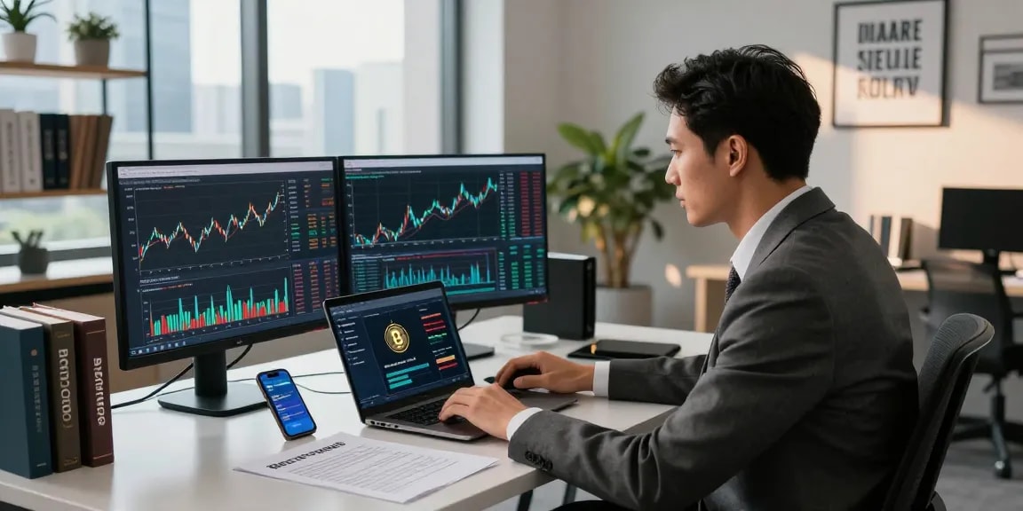 Recover lost crypto strategies in a professional finance office, expert analyzing market data.