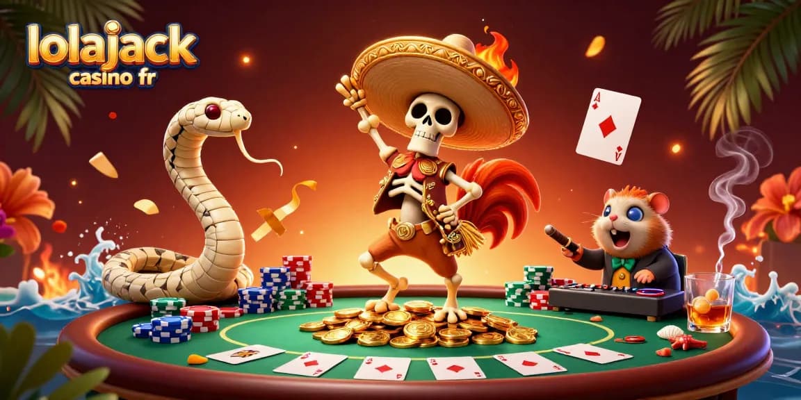 Plongez dans l'univers du lolajack casino fr avec une illustration dynamique de chances au poker et jeux de casino.