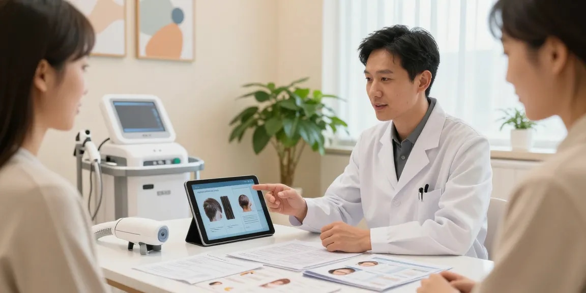 医療脱毛+クリニックを紹介する現代的なクリニックでの相談シーン、医療従事者と患者が共に、温かい雰囲気を強調。