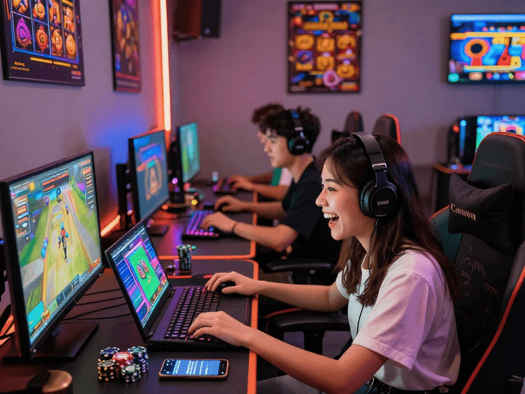 Engaging togel 4D online gaming scene with players focused on vibrant game interfaces and chips.