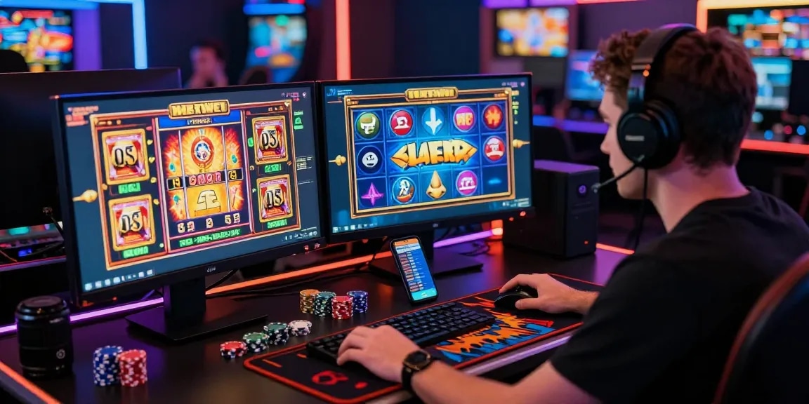 Engaged user at a raja328 link gaming platform with vibrant slot games on dual monitors in a dynamic environment.