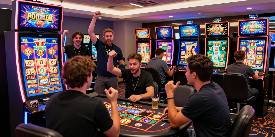 Players enjoying thrilling gameplay at online casinos Australia with vibrant slot machines and cheers.