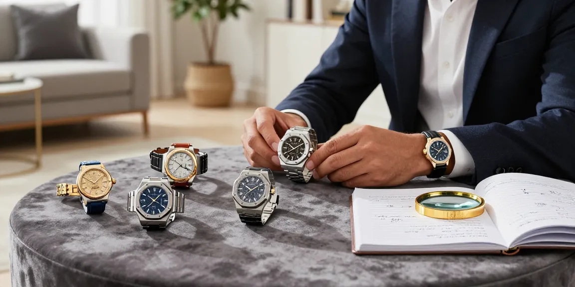 Person exploring stunning replica watches on a velvet table, highlighting luxury and design detail.
