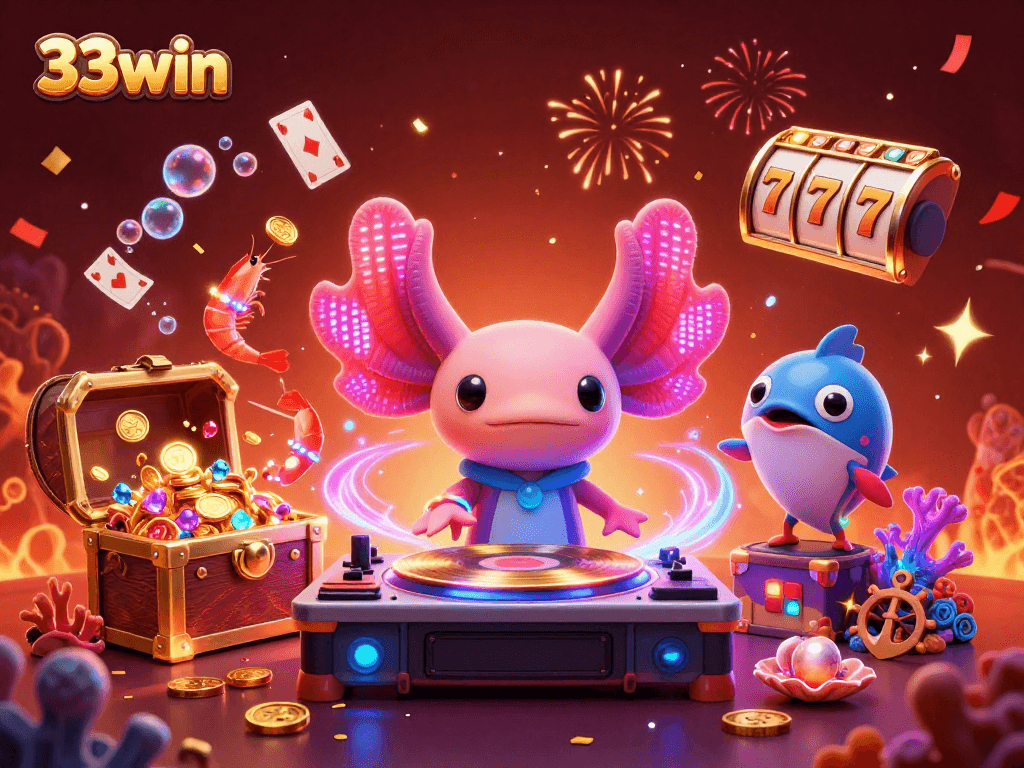 Spin and win with 33win in a vibrant underwater casino scene featuring an axolotl DJ.
