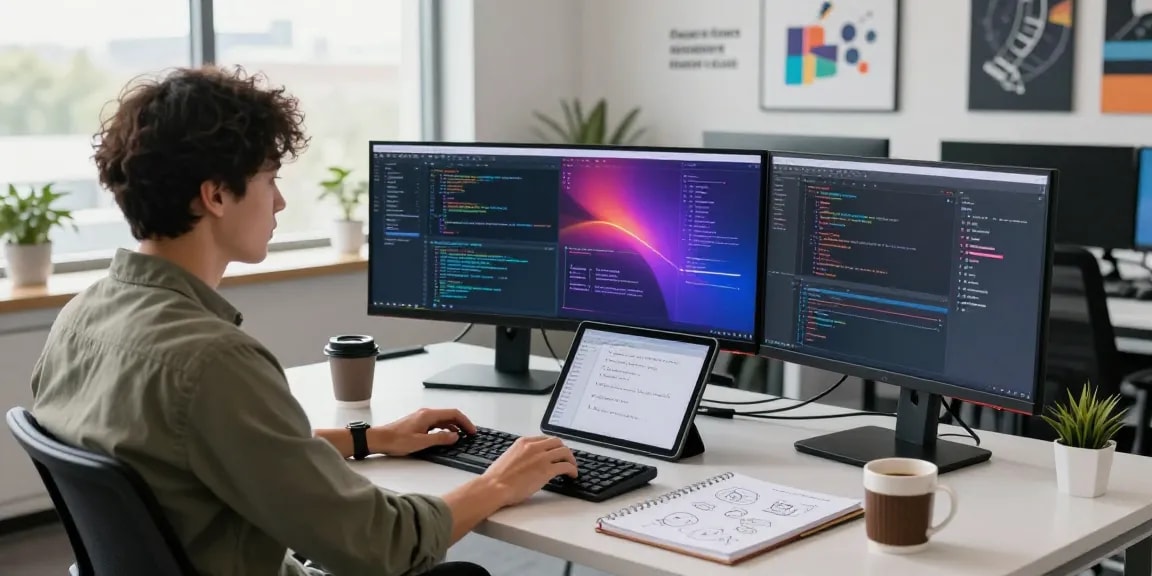 Dynamic software development workspace at teiegramin.com showcasing a modern tech setup with coding monitors and creative workspace elements.