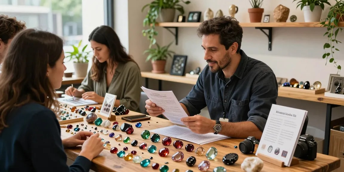 Explore quality gems at https://www.mygemspot.com with expert merchants showcasing vibrant gemstones in a welcoming marketplace.