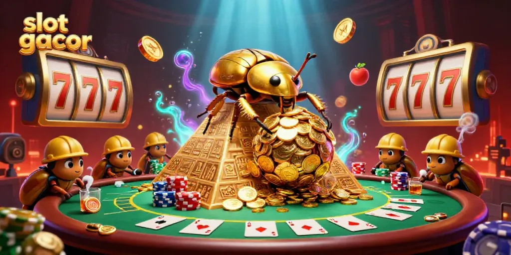 Experience the excitement of slot gacor with a dynamic 3D scene featuring a golden beetle and slot symbols.