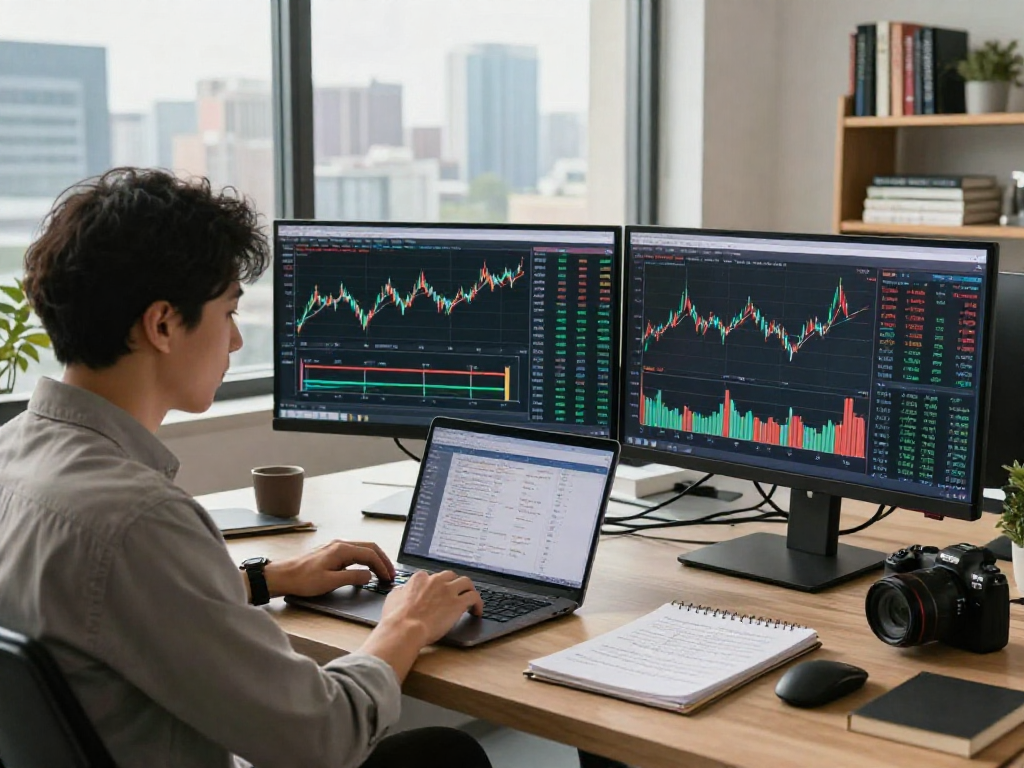 Analyst reviewing German stock historical Kline API data on multiple monitors in a professional workspace.