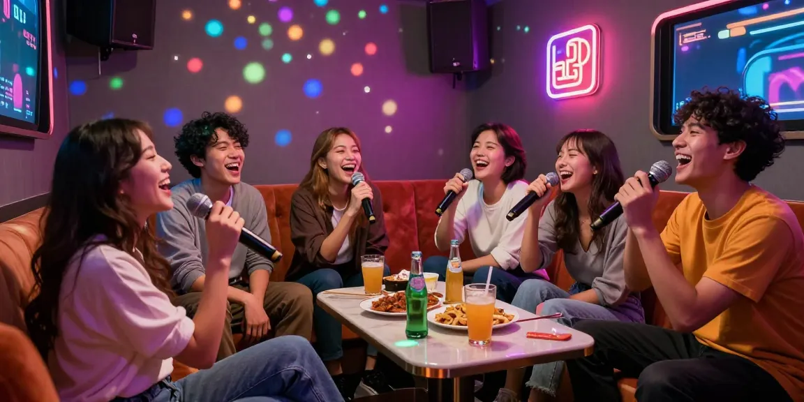 Enjoying a fun evening at 강남노래방 with friends singing and celebrating together.