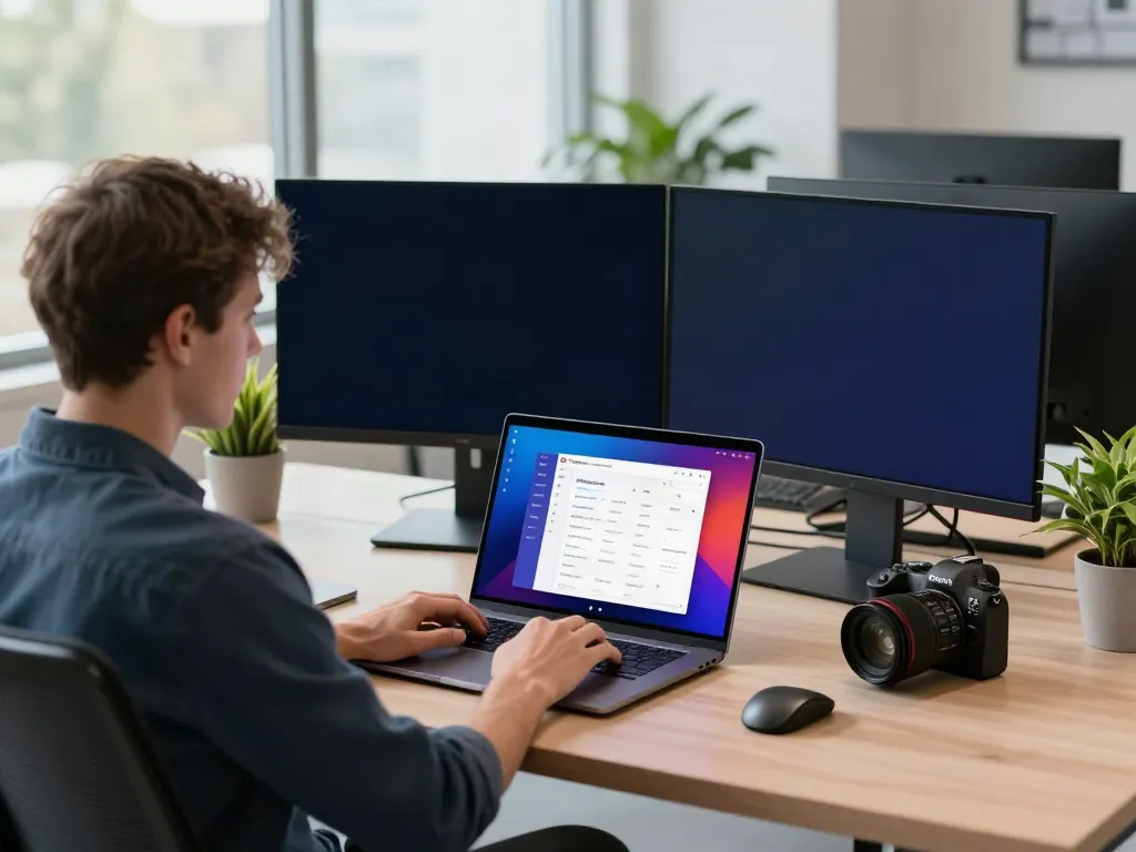 Engaging workspace with a user focused on the brave浏览器 interface on a laptop, dual monitors displaying privacy features, and a bright modern office.