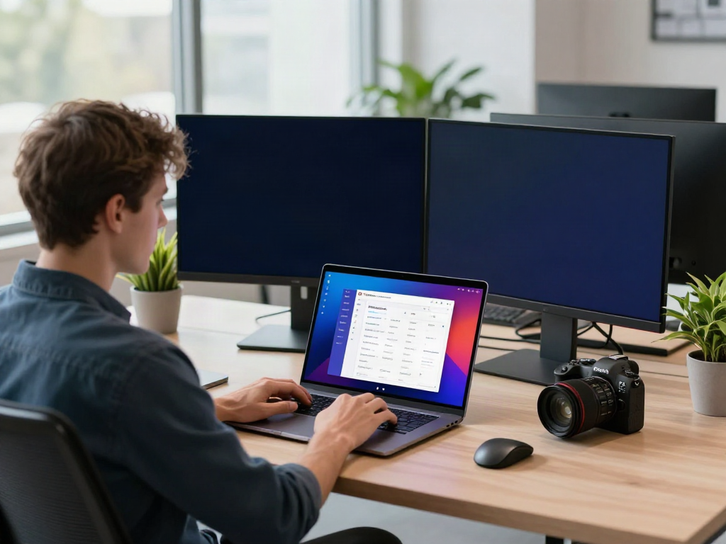 Engaging workspace with a user focused on the brave浏览器 interface on a laptop, dual monitors displaying privacy features, and a bright modern office.