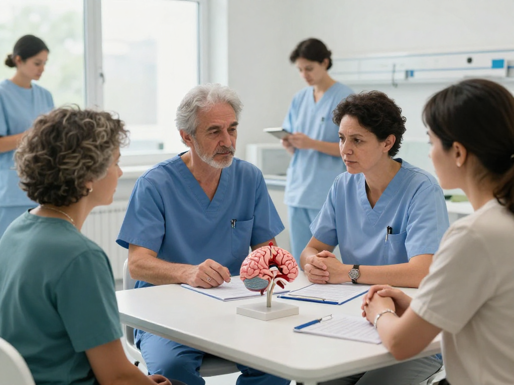Beyin tümörü ameliyatı consultation scene with a neurosurgeon explaining surgical options to a patient, creating a reassuring atmosphere.