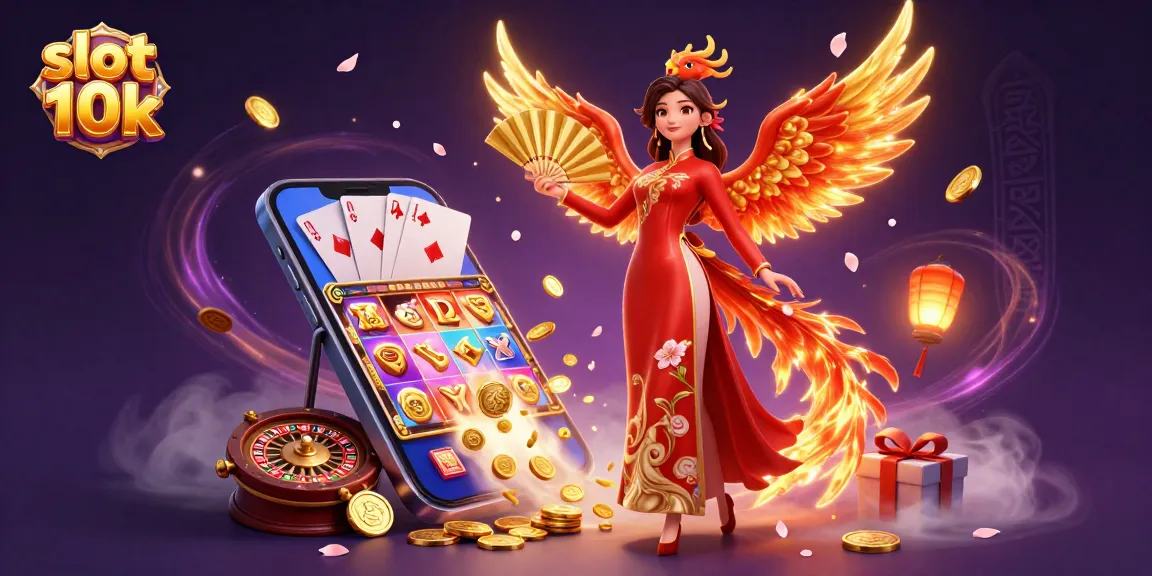 Experience the thrill of slot 10k with a vibrant 3D illustration showcasing a Vietnamese beauty and a phoenix amidst casino elements.