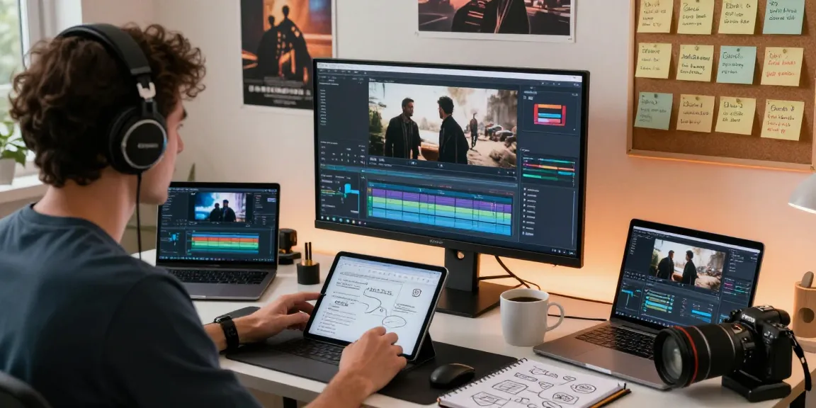 Content creator using video prompt ai software in a modern editing workspace with dynamic lighting and creative atmosphere.