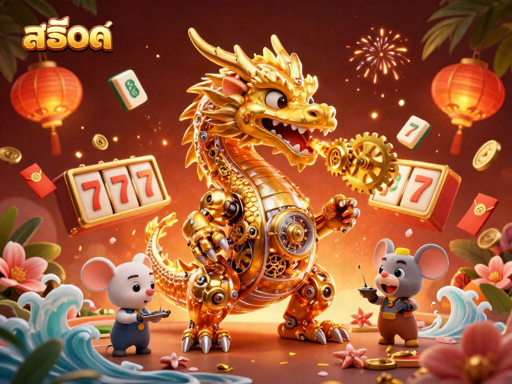 Experience stunning สล็อต action with a golden dragon, spinning slot reels, and vibrant casino elements.