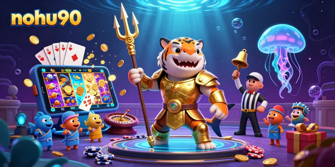 Experience thrilling gameplay at nohu90 with a 3D cartoon shark in a vibrant underwater casino setting.