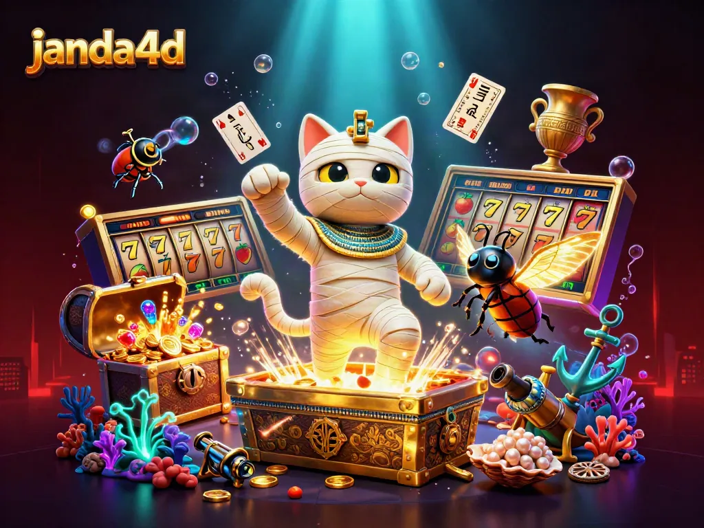 janda4d menghadirkan ilustrasi kasino dengan kucing mummy 3D dan harta karun bawah laut yang memukau.
