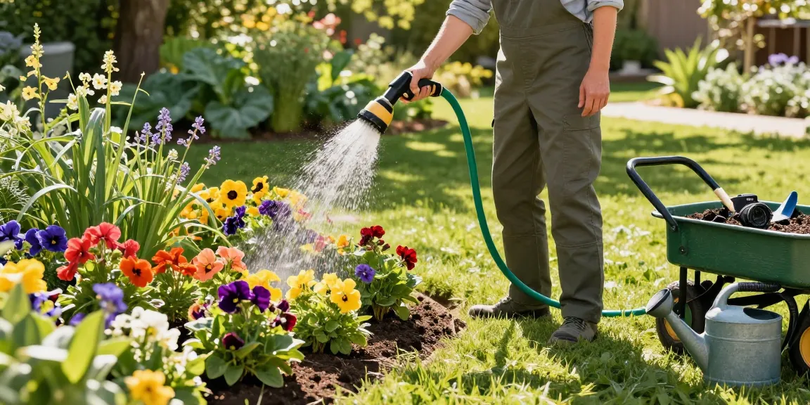 Gardener using the best hose nozzle to water vibrant flowers and plants in a colorful garden.