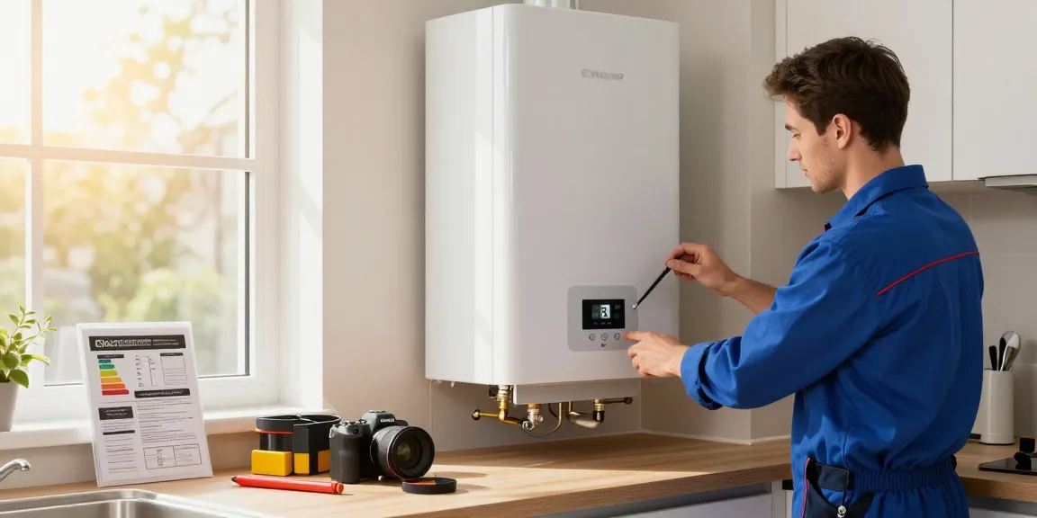 Expert boiler installation Belfast showcased by a technician in a modern kitchen.