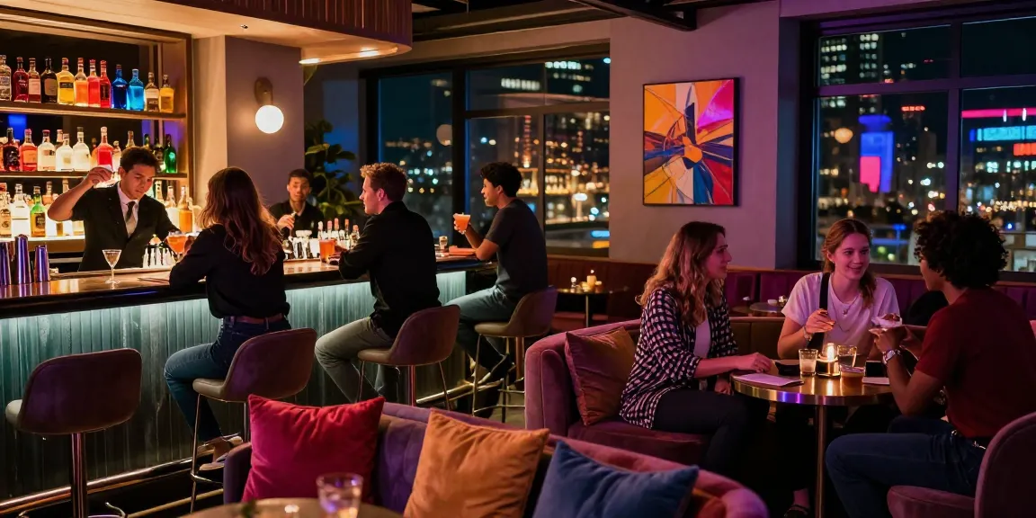NSFW nightlife scene with friends enjoying drinks in a vibrant lounge setting.