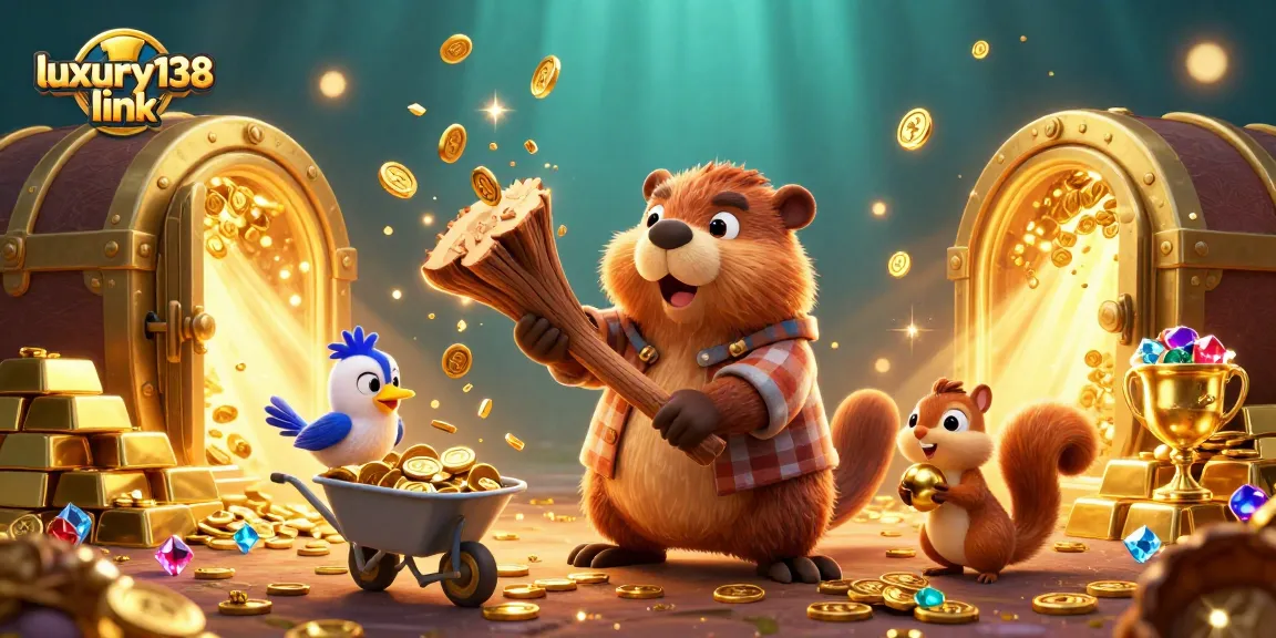 Spin and win with luxury138 link, featuring 3D cartoon characters amidst gold treasures.
