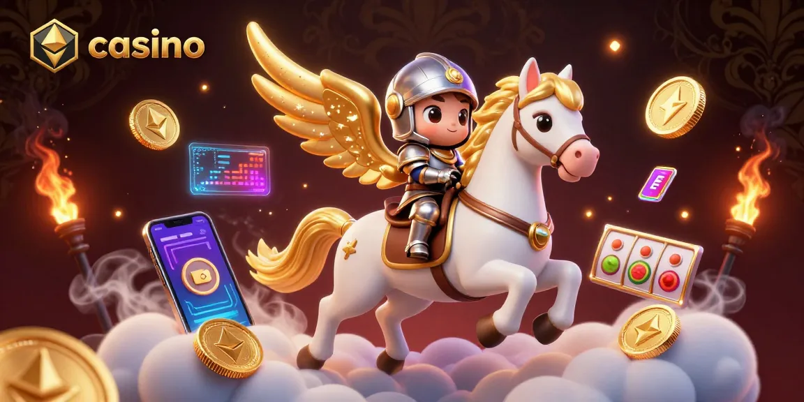 Experience casino excitement with a celestial horse and knight amid vibrant crypto elements.