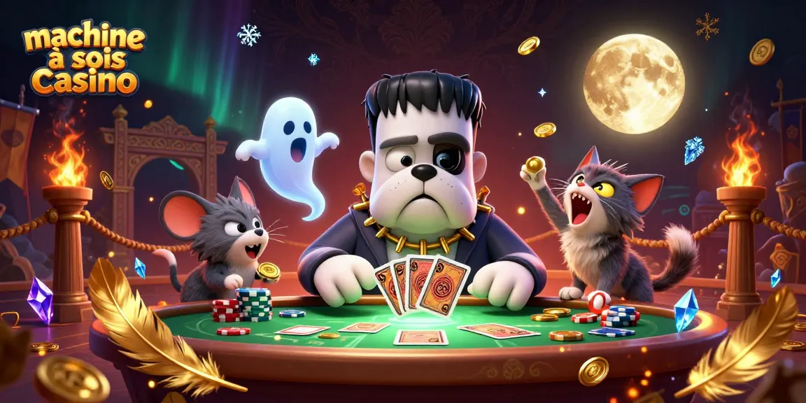 machine à sous casino jouant avec un bulldog Frankenstein et un chat loup dans une scène animée et immersive