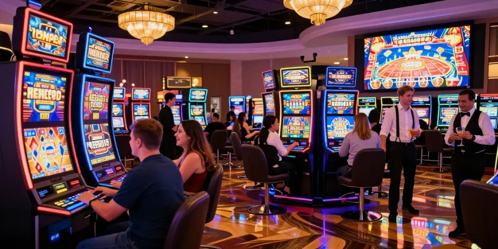 rokok88 alternatif gaming experience at a vibrant casino with colorful slot machines and happy players