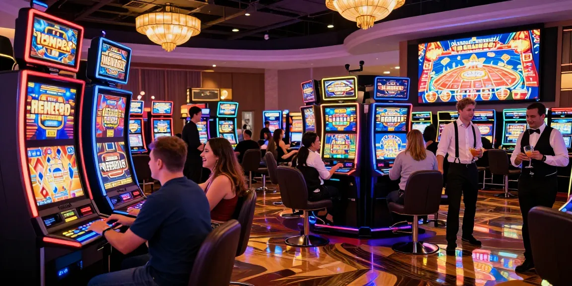 rokok88 alternatif gaming experience at a vibrant casino with colorful slot machines and happy players