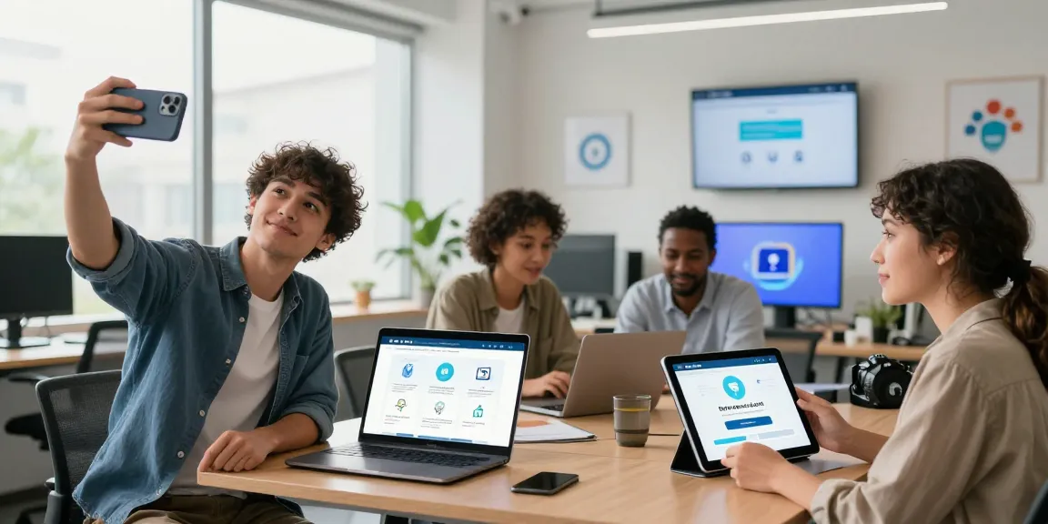 Age verification system in action, showcasing diverse users verifying age online in a modern office.