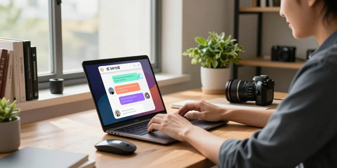Young professional using 纸飞机中文版 app on a sleek laptop in a modern workspace.