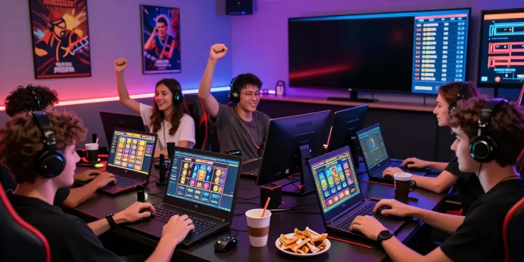 Players enjoying online slot games in a vibrant gaming lounge with laptops and mobile devices.