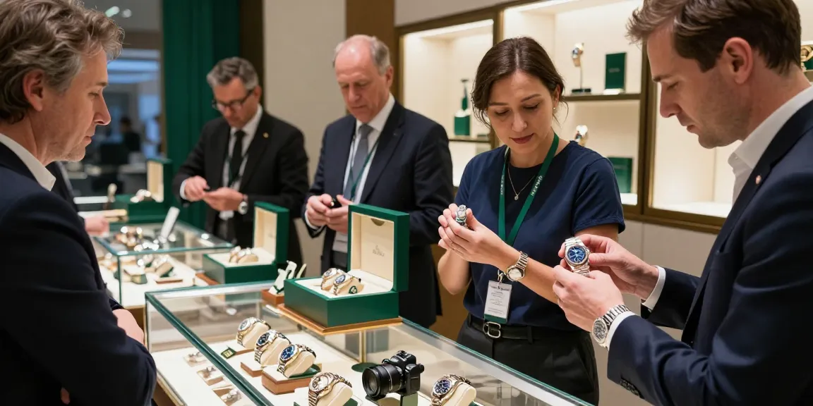 Admiring Rolex super clone watches in a luxury showroom highlighting craftsmanship and elegance.