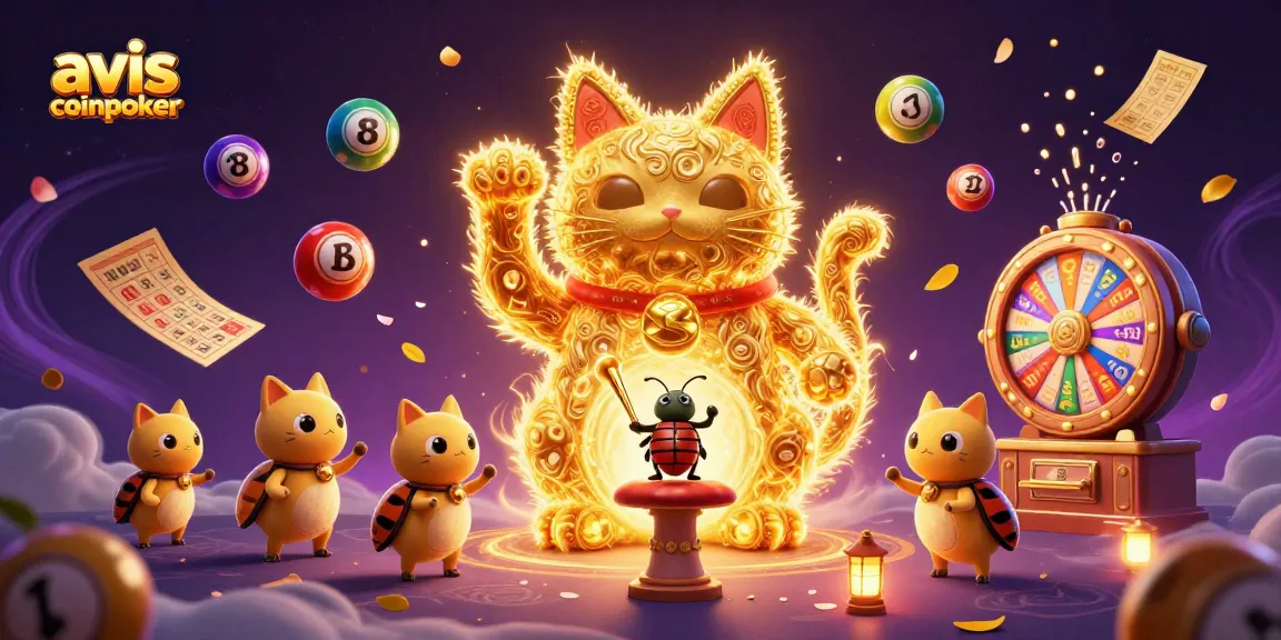Découvrez l'aventure de casino avec l'avis coinpoker, un chat porte-bonheur entouré de symboles de jeux.