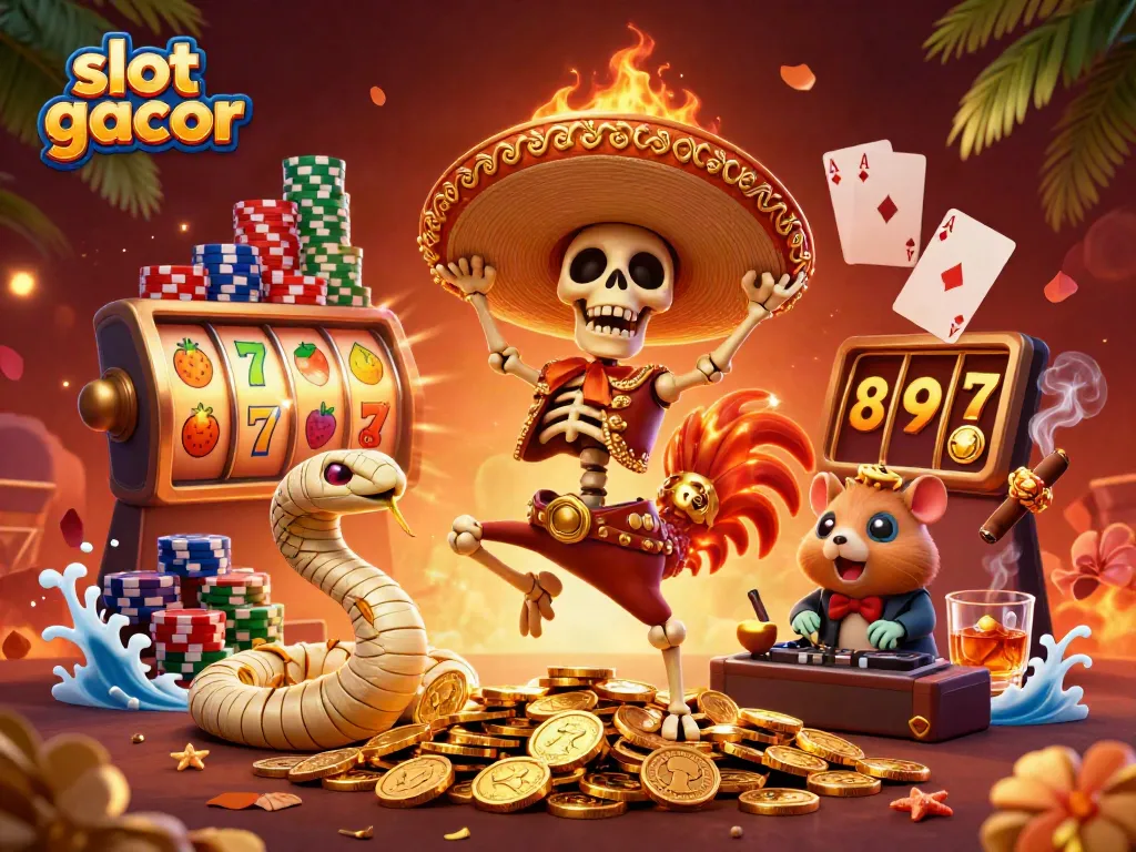 Experience the excitement of slot gacor with a vibrant 3D scene featuring a victorious rooster and lively casino elements.