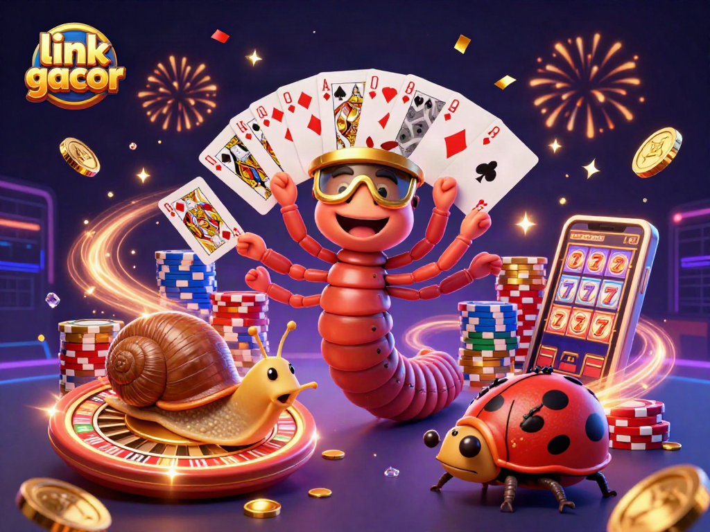 Engage with link gacor at this thrilling casino illustration featuring whimsical characters, vibrant gaming elements, and festive visuals.