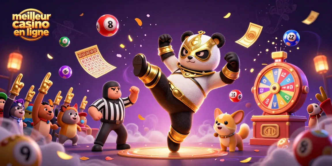 Action excitante du meilleur casino en ligne avec un panda masqué et des spectateurs animés.