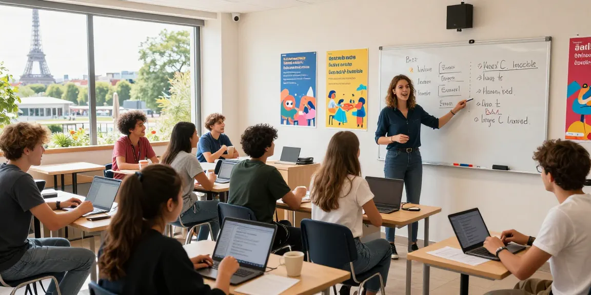 Corsi di francese in Francia in una vivace scuola di lingue con studenti che apprendono e partecipano.
