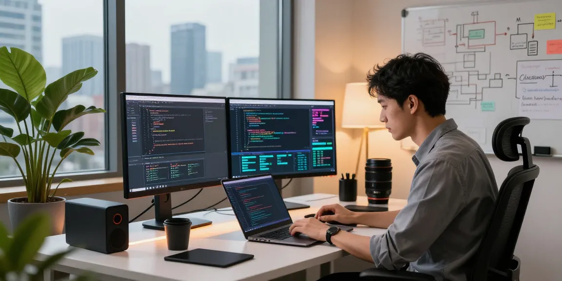 Developer coding on dual monitors with vibrant data visuals and city skyline view, showcasing NAGA2000 technology.