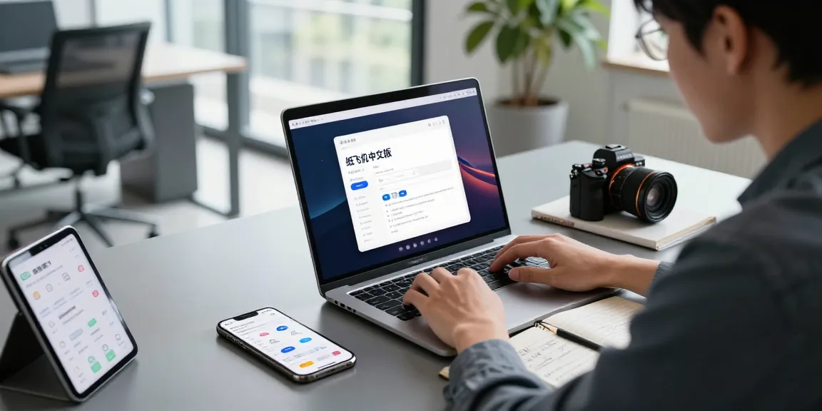 Focused user interfacing with 纸飞机中文版 on a modern tech setup, showcasing digital communication tools.