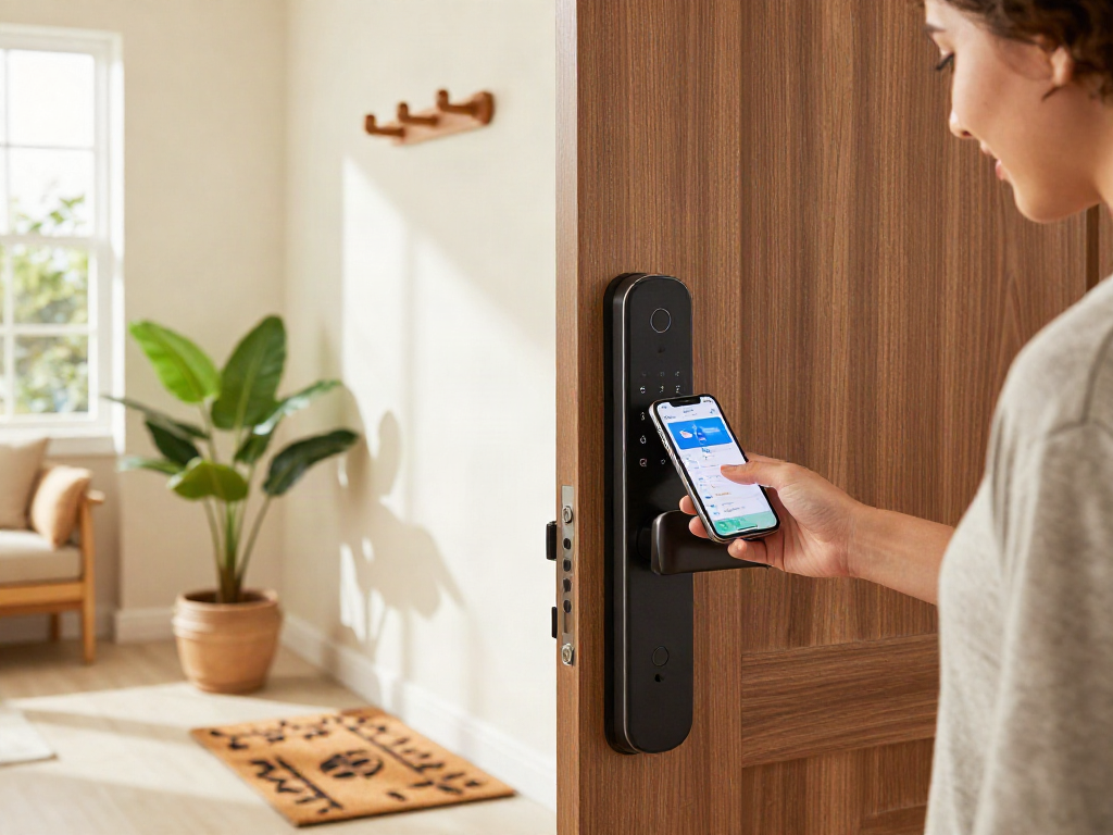 Integrating خرید قفل هوشمند into a modern home entryway with a digital keypad and smartphone.